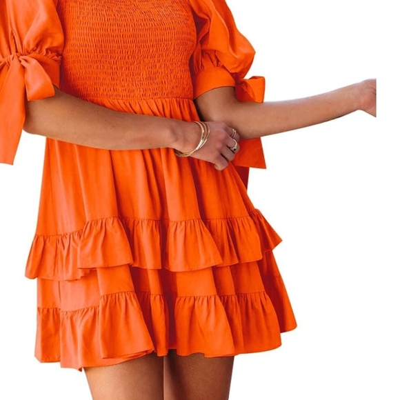 Smocked Mini Dress Square Neck Puff Sleeve Bow Tie Babydoll Dress Layered - Picture 1 of 6